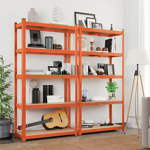 Rootz Storage Rack - With 5 Adjustable Shelves - Multi-tiered Shelving Unit - Space-saving Storage Shelf - Industrial Style Shelving - Heavy-duty - Steel - E1 Class MDF - Orange - 180 x 90 x 40 cm (H x L x W)