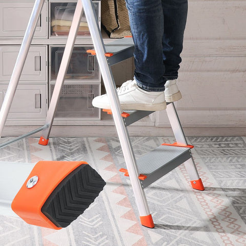 Rootz Ladder - Household Ladder - Aluminum Ladder - Household Ladder With 6 Steps - Portable Ladder - Lightweight Ladder - Aluminum/Plastic - Grey/Orange - 46 x 12 x 178 cm