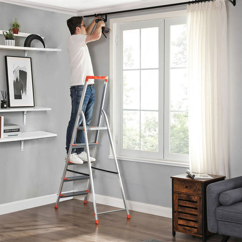 Rootz Ladder - Household Ladder - Aluminum Ladder - Household Ladder With 6 Steps - Portable Ladder - Lightweight Ladder - Aluminum/Plastic - Grey/Orange - 46 x 12 x 178 cm