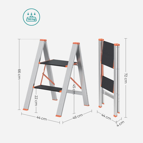 Rootz Ladder - Ladder Shelf - 2 Step Ladder - Multi-position Ladder - Folding Ladder - Aluminum Ladder - Straight Ladder - Silver - 48 x 44 x 66 cm