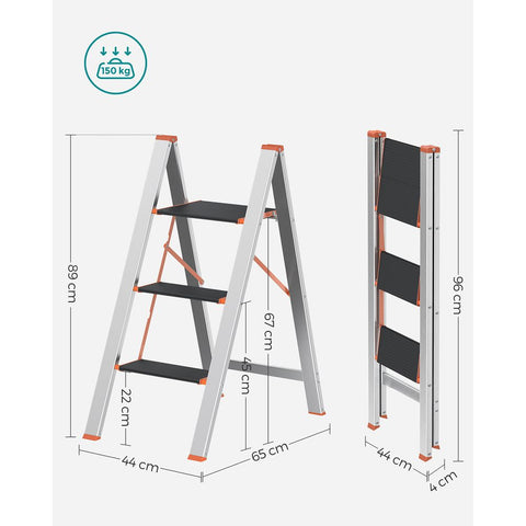 Rootz Ladder - 3-step Ladder - Extension Ladder - Step Ladder For Household Tasks - Aluminum Ladder - Heavy-duty Ladder - Silver - 65 x 44 x 89 cm (D x W x H)