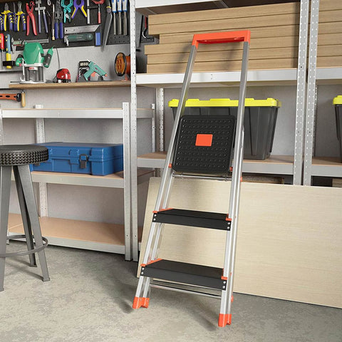 Rootz Ladder - Stepladder - Ladder With 3 Steps - Folding Stepladder - Portable Stepladder - Kitchen Stepladder - Bathroom Stepladder - Lightweight Stepladder - Silver/Black/Orange - 42 x 56 x 122 cm