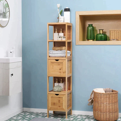 Rootz Bathroom Cabinet - Bamboo Bathroom Cabinet - Bathroom Shelf - 3 Shelves 2 Drawers - Bamboo - Natural - 30cm x 30cm x 140cm