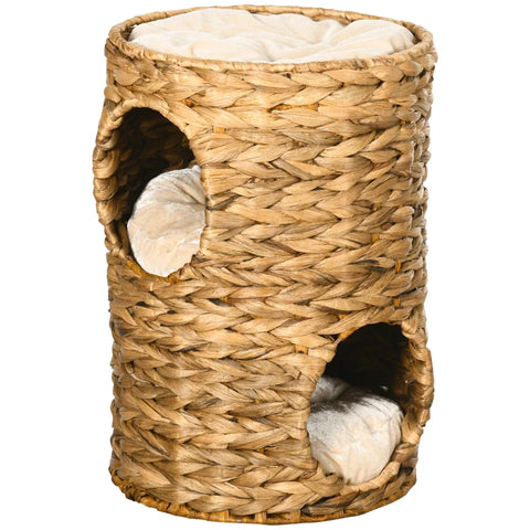 Rootz Cat Tower - Scratching Posts - Cat Cave With 2 Separate Caves - 1 Lying Surface - Water Hyacinth - Natural - 32L x 32W x 47H cm