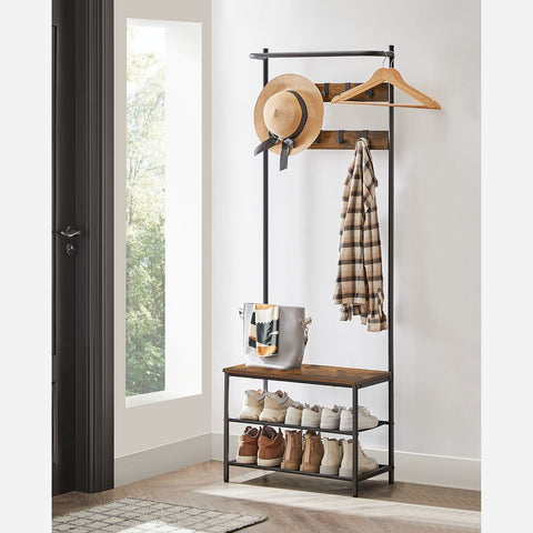 Rootz Coat Stand - Coat Stand With Bench - Coat Rack - Standing Coat Stand - Wall Mounted Coat Stand - Freestanding Coat Stand - Industrial Coat Stand - Chipboard - Steel - Polyester Fabric - Vintage Brown-black - 32.2 x 64 x 180 cm (D x W x H)