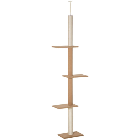 Rootz Scratching Post - Ceiling High - Height-Adjustable - Cat Tree - Climbing Tree for Cats with 3 Levels - Cat Scratching Post - Play Tree from Floor to Ceiling - Khaki - 43cm x 27cm x 260cm