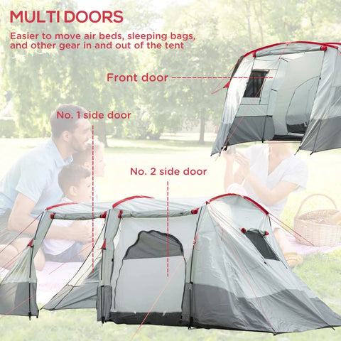 Rootz Camping Tent - Tunnel Tent - Camping Tent With Bedroom - Living Room - Sewn-in Floor - 3 Doors And Carry Bag - 2000mm Water Column For Fishing - Hiking - Sports - Traveling - Grey - 5.10x2.40x1.80m