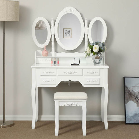 Rootz Dressing Table - Pretty Dressing Table - With 3 Mirrors - Country House Style - Makeup Desk - Vanity Mirror Desk - Vanity Table - MDF - Pinewood - Rubberwood - White - 90 x 40 x 145 cm