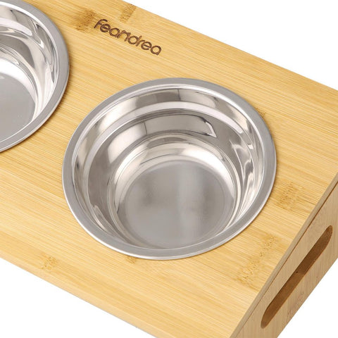 Rootz Dog Bowl - Dog Bowl With Bamboo Frame - Pet Bowl - Stainless Steel Dog Bowl - Elevated Dog Bowl - Non-slip Dog Bowl - Large Dog Bowl - Bamboo - Silver - 35 x 20 x 10 cm (L x W x H)
