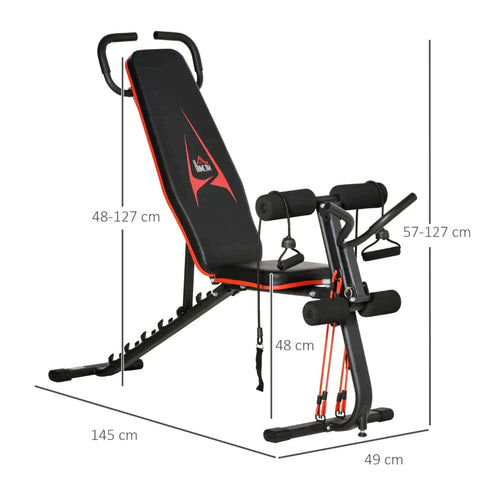 Rootz Weight Bench - Adjustable Training Bench With Elastic Rope - Sit-up Bench For Home Training - 6 Levels - Backrest Incline - Weight Up To 150 Kg - Synthetic Leather - Black And Red - 145 x 49 x 57-127 cm