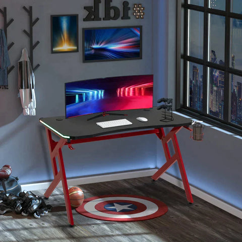 Rootz Gaming Table - Gaming Desk - Computer Desk - Earphone Hook - 7 Color RGB Lights - Black/Red - 120 cm x 60 cm x 74.5 cm
