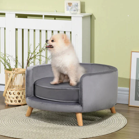Rootz Dog Sofa - Soft Seat Cushion - Removable Cover - For Dogs Up To 10 Kg - Eucalyptus Wood - Gray - 68 x 68 x 35cm