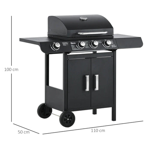 Rootz Gas Grill - Bbq Trolley With 3 Burners - 1 Side Burner - Pressure Reducer - Hoses Cabinet - Multifunction - Steel - Black - 110 x 50 x 100 cm