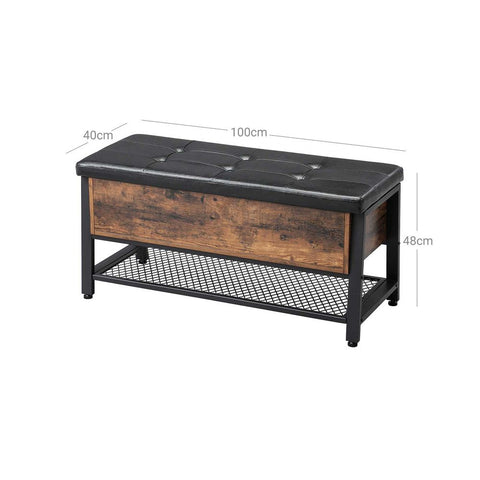 Rootz Bench With Storage - Industrial Look - Storage Bench - Upholstered Storage Seat - Hallway - Bedroom - Living Room - Chipboard - Steel Frame - Vintage Brown-black - 100 x 47 x 40 cm (W x H x D)