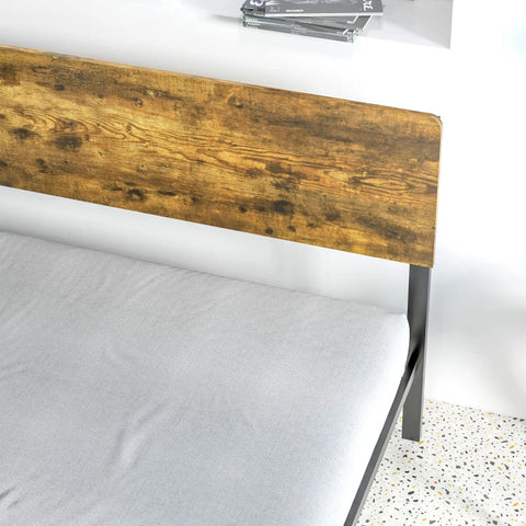Rootz Bed Frame In Industrial Design - Black Steel Frame - Head And Footboard - Wood Look - Chipboard - Rustic Brown + Black - 149 x 207 x 104 cm