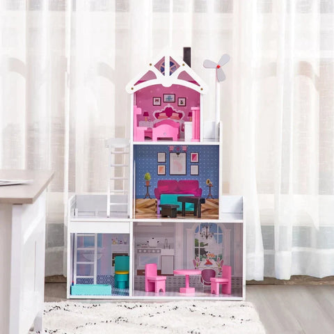Rootz Wooden Dollhouse - Kids Dollhouse - Dreamhouse Villa - With Furniture Accessories - Pink - 60 x 29 x 85 cm