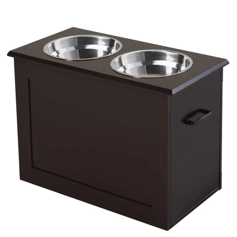 Rootz Feeding Station - 2 Stainless Steel Feeding Bowls - Hidden Storage - White + Silver - 60cm x 30cm x 41cm