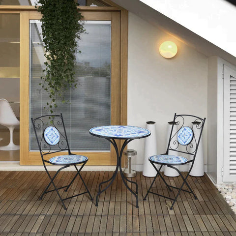 Rootz Bistro Set - Garden Seating Group Set - Garden Seating Set - Garden Bistro Set - 1 Table 2 Foldable Chairs - Ceramic/Steel - Black/Blue/White
