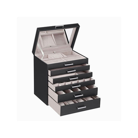 Rootz Jewelry Box - Jewelry Box With 6 Levels And 5 Drawers - Jewelry Storage Box - Jewelry Container - Lockable Jewelry Box - Jewelry Display Box - Black - 30.5 x 31.5 x 21.5 cm (W x H x D)