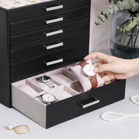 Rootz Jewelry Box - Jewelry Box With 6 Levels And 5 Drawers - Jewelry Storage Box - Jewelry Container - Lockable Jewelry Box - Jewelry Display Box - Black - 30.5 x 31.5 x 21.5 cm (W x H x D)
