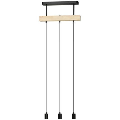Rootz Pendant Light - Hanging Lamp - 3-lamp - Height-adjustable - Industrial Design - Metal + Wood - Black - 50L x 8W x 33H cm