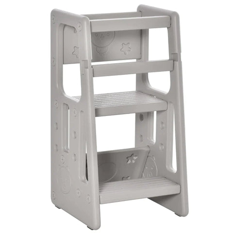 Rootz Kids Step Stool - Learning Tower - 3-level Height Adjustable - Dining Room - Non-slip Feet - Robust Plastic - Gray - 47 x 47 x 90cm