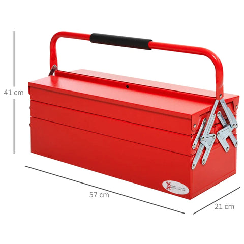 Rootz Tool Box - Metal Tool Box - Workshop Cantilever Toolbox - Portable Storage Cabinet - Foldable Tool Box - 5 Compartments Tool Box - With Carry Handle - Red - 56 x 20 x 41 cm