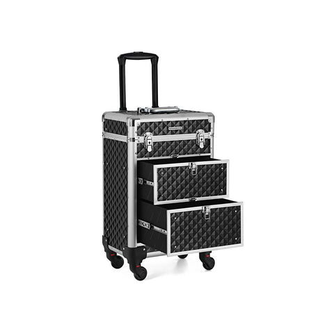 Rootz Cosmetic Case Trolley - 3 Pull-out Compartments - Makeup Case On Wheels - Rolling Beauty Case - Vanity Case On Trolley - Travel Makeup Case - Black