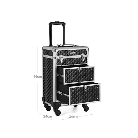 Rootz Cosmetic Case Trolley - 3 Pull-out Compartments - Makeup Case On Wheels - Rolling Beauty Case - Vanity Case On Trolley - Travel Makeup Case - Black