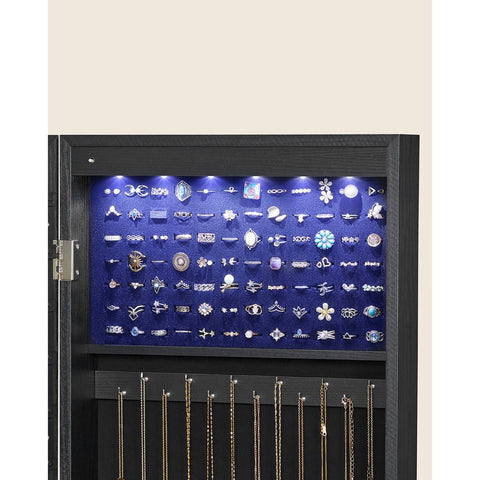 Rootz Jewelry Cabinet - Hanging Jewelry Cabinet - Cabinet With Mirror - Standing Jewelry Cabinet - Wall Mounted Jewelry Cabinet - Lockable Jewelry Cabinet - MDF  - Velvet - Black - 37 x 10 x 120 cm (L x W x H)