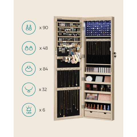 Rootz Jewelry Cabinet - Hanging Jewelry Cabinet - Wall-mounted Jewelry Organizer - Wooden Jewelry Box - Mirrored Jewelry Organizer - Oak Colour - 37 x 10 x 120 cm (L x W x H)