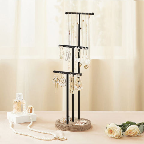 Rootz 3-in-1 Jewelry Holder - With 3 T-shaped Bars - Multi-tier Jewelry Stand - T-shaped Bracelet Rack - Organizational Jewelry Rack - Wood - Steel - Wood Color + Black - 15 x 15 x (43.5-60) cm (L x W x H)