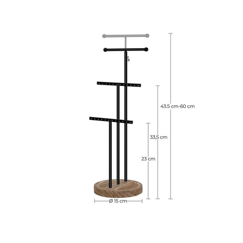 Rootz 3-in-1 Jewelry Holder - With 3 T-shaped Bars - Multi-tier Jewelry Stand - T-shaped Bracelet Rack - Organizational Jewelry Rack - Wood - Steel - Wood Color + Black - 15 x 15 x (43.5-60) cm (L x W x H)