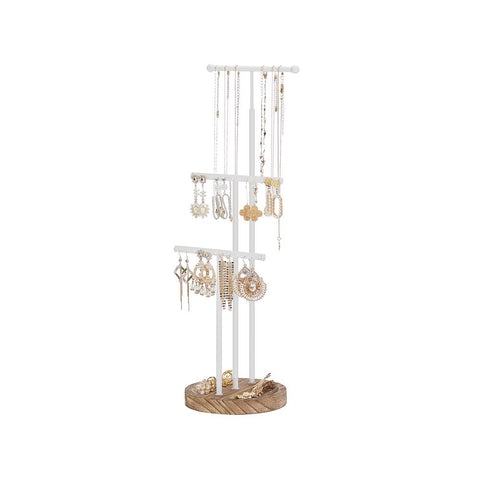 Rootz 3-in-1 Jewelry Holder - With 3 T-shaped Bars - Multi-tier Jewelry Stand - T-shaped Bracelet Rack - Organizational Jewelry Rack - Wood - Steel - Wood Color + White - 15 x 15 x (43.5-60) cm (L x W x H)