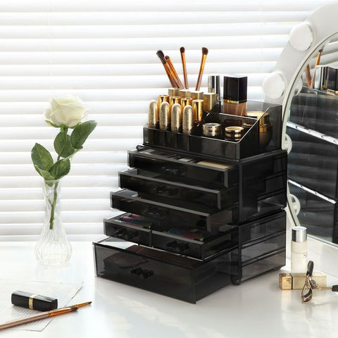 Rootz Makeup Organizer - Makeup Organizer With 6 Drawers - Cosmetic Organizer - Cosmetic Organizer With 2 Drawers - Makeup Organizer - Vanity Organizer - Makeup Storage - Acrylic - Black - 24 x 13.5 x 30 cm (L x W x H)
