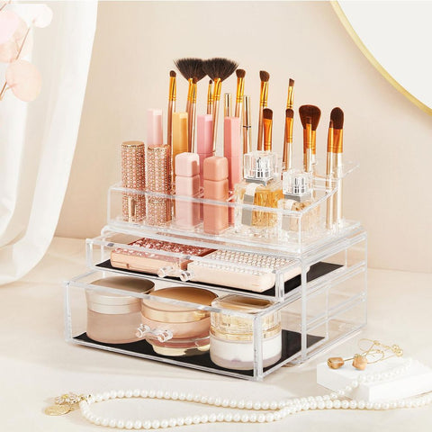 Rootz Cosmetic Organizer - Cosmetic Organizer With 2 Drawers - Makeup Organizer - Vanity Organizer - Beauty Organizer - Makeup Storage - Polystyrene - Transparent - 23.8 x 14 x 17.8 cm (L x W x H)