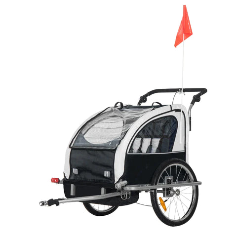 Rootz Child Trailer - Children's Bicycle Trailer - For 2 Children - Including Reflectors And Flag - Rain Protection Foldable - White/Black - 155 x 88 x 108 cm