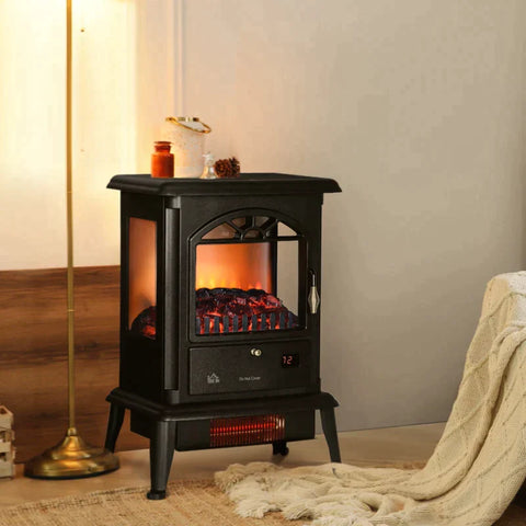 Rootz Electric Fireplace - Fireplace - Realistic Fire - Infrared Heating - Up To 32° C - Remote Control - Black - 42.2 x 27.2 x 57cm