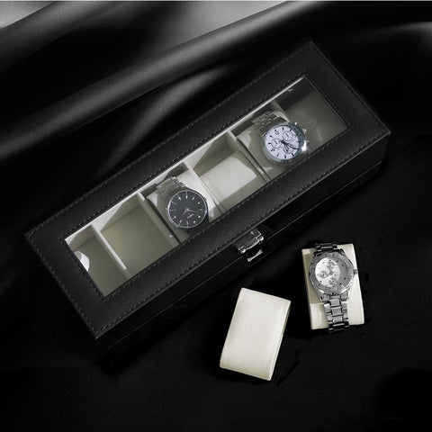 Rootz Watch Box - With Glass Lid And Lock - Glass-top Watch Organizer - Display Case For Watches - MDF - Velvet - PU - Glass - Black Cover + Beige Velvet Lining - 30 x 11.2 x 8 cm (L x W x H)