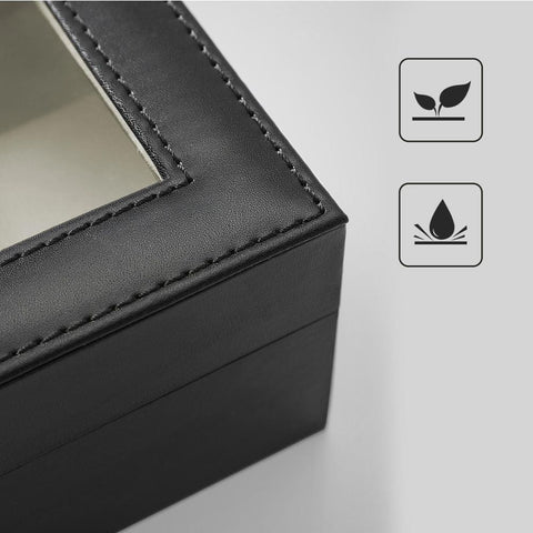 Rootz Watch Box - With Glass Lid And Lock - Glass-top Watch Organizer - Display Case For Watches - MDF - Velvet - PU - Glass - Black Cover + Beige Velvet Lining - 30 x 11.2 x 8 cm (L x W x H)