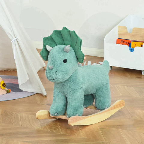Rootz Rocking Horse - Children's Rocking Animal - Kid Plush Ride-On Rocking Horse - Triceratops-shaped Toy - Dark/Green - 64 x 30 x 54 cm