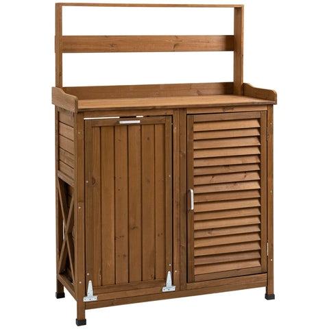 Rootz Plant Table with Cabinet and Waste Bin - Weather Resistant - Gardening Table - Fir Wood - Brown - 102cm x 43.5cm x 152cm