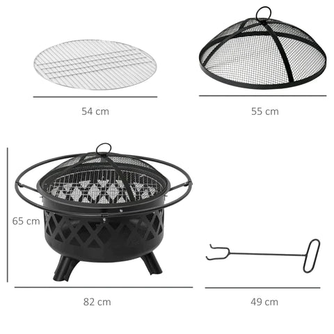 Rootz Fire Bowl - 2-in-1 Fire Basket With Spark Protection - Grill Net - Fire Pit For Heating BBQ Grill - Garden - Terrace - Round - Black - 82L x 82W x 65H cm