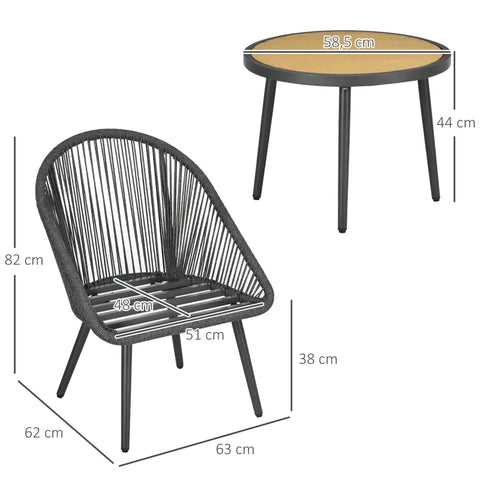 Rootz Bistro Set - 1 Table 2 Chairs - PE Rattan - Weather Resistant - Dark Gray - 63cm x 62cm x 82cm