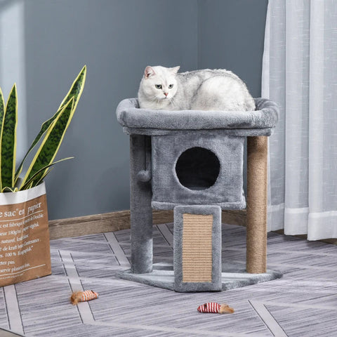 Rootz Cat Tree - Cat Tree with Jute Scratch Mat - Hanging Ball - Scratcher Board - Cat Furniture with Door Hole - Pet Furniture - Light Grey - 40 x 40 x 57 cm
