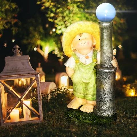 Rootz Little Boy With Lantern Garden Ornament - Garden Decoration - Weather Resistant With Solar Light - Multicolored - 26L x 23W x 56H cm