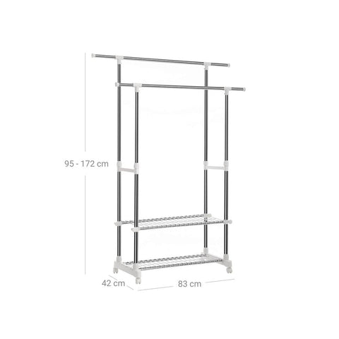 Rootz Clothes Rack - Extendable Clothes Rack 2 Bars - Industrial Style - Height-adjustable - Coat Stand With Wheels - Freestanding Clothes Organizer - Mobile Clothing Storage - Stainless Steel - PP Plastic - Gray - 22.5 x 9 x 103.5 cm