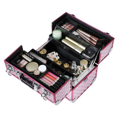 Rootz Cosmetic Case - Cosmetic Box - Vanity Case - Makeup Box - Beauty Box - Cosmetic Storage Box - Makeup Organizer Box - Travel Cosmetic Box - Pink/Silver - 36 x 28 x 23 cm (W x H x D)