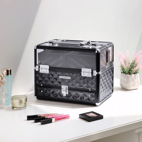 Rootz Cosmetic Case - Cosmetic Box - Vanity Case - Makeup Box - Beauty Box - Cosmetic Storage Box - Makeup Organizer Box - Travel Cosmetic Box - Black - 30 x 23.5 x 20 cm (W x H x D)