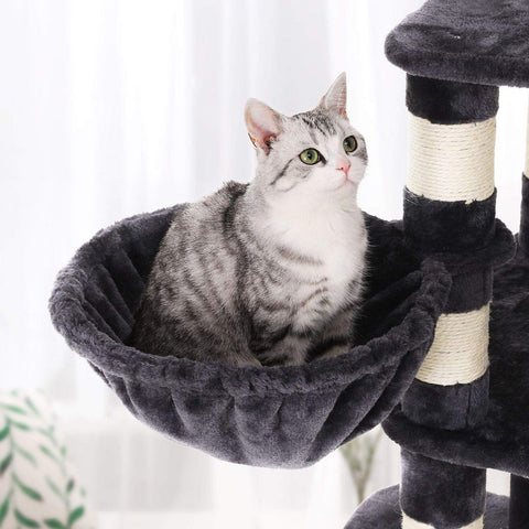 Rootz Scratching Post - Cat Scratching Post - Cat Tree - Tall Scratching Post - Durable Scratching Post - Scratching Post With Feeding Bowl - Grey - 90 x 50 x 164 cm (W x D x H)